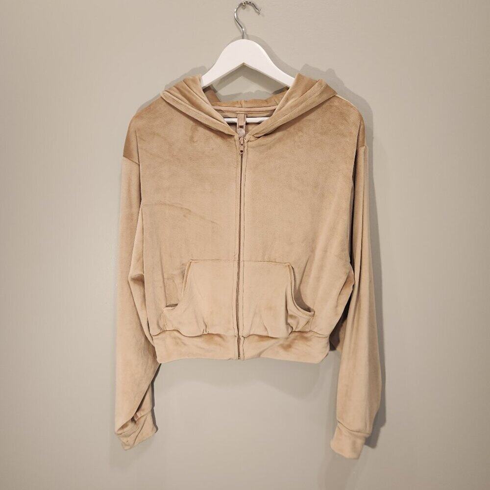 SKIMS Velour Hoodie Tan Zip Pockets Cropped - Size XL